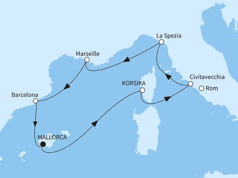 Mein Schiff Flow  H�hepunkte des Westlichen Mittelmeers - ab/bis Palma - Routenbild